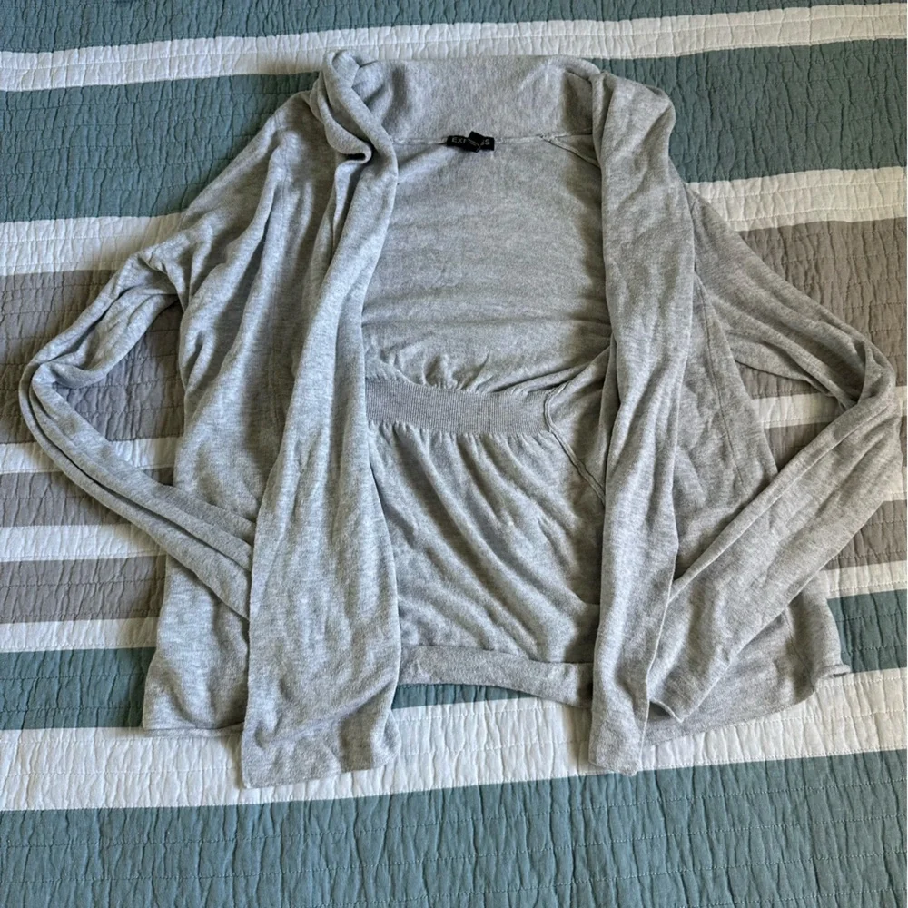 Express Y2K Cotton Open Cardigan Sweater Light Gray S Small